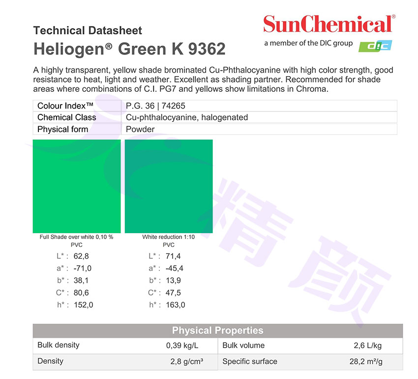DIC Heliogen Green K9362酞菁绿有机颜料TDS