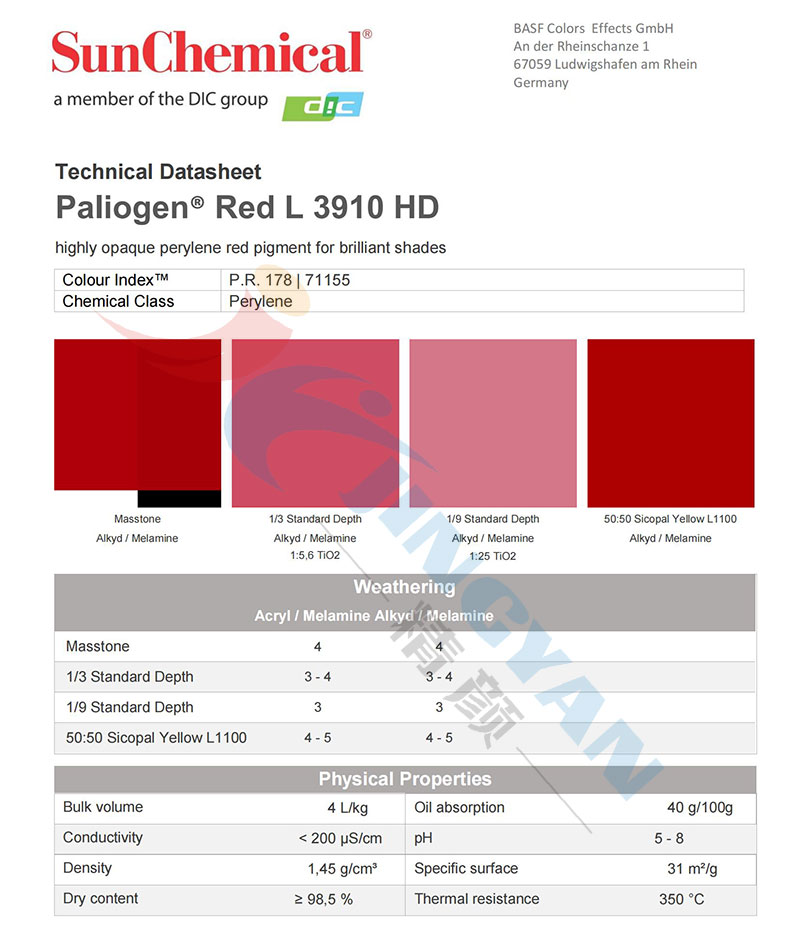 DIC L3910HD苝红颜料TDS技术数据报告